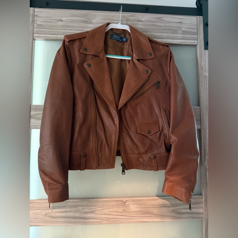 Rough Lauren, leather Moto jacket, dark walnut brown size 10